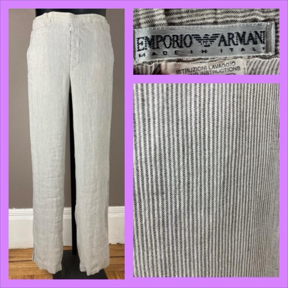 Emporio Armani Gray Striped Linen Drawstring Pants